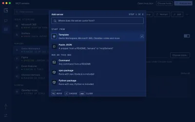 The Add server choice with Template, Paste JSON, Command, npm package and Python package.