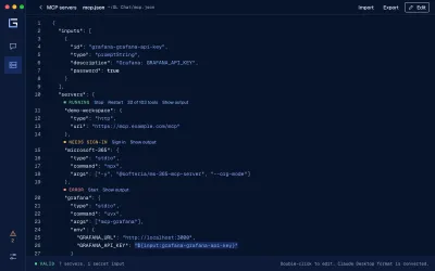 The file mcp.json in GL Chat, with each server's state above its entry and a key as a reference.