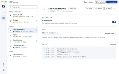 GL Chat with its list of MCP servers: the servers by state on the left, a running server with its tools and its output on the right.