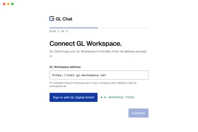 GL Chat's first start: the GL Workspace address is entered, next to it the button Sign in with GL Digital GmbH.