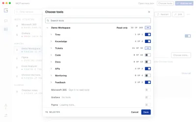 The Choose tools dialog: a server's tools by group, each with a switch.